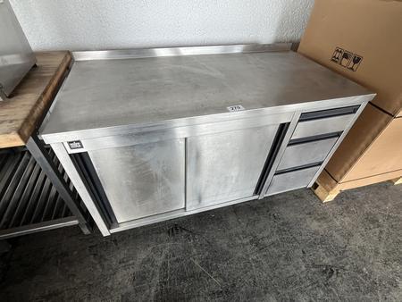 MKS Edelstahl Arbeitstisch mit Schiebetüre und 4 Laden, ca. 145x70x85cm MKS Edelstahl Arbeitstisch mit Schiebetüre und 4 Laden, ca. 145x70x85cm