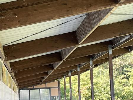 Flugdachkonstruktion ca. 50 x 7 m bestehend aus Bindern,Trapezblechdach - Selbstabbau durch den Käufer Flugdachkonstruktion ca. 50 x 7 m bestehend aus Bindern,Trapezblechdach - Selbstabbau durch den Käufer
