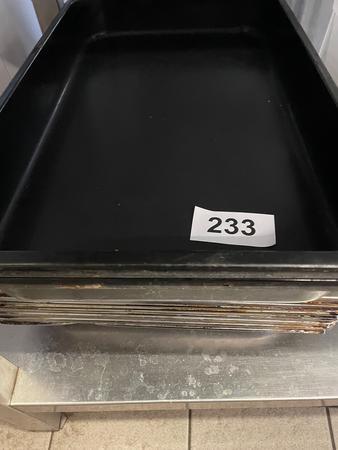 15 Stk. Bleche 1/1 mit 4cm, 3 Stk. Bleche 1/1 mit 8 cm, 2 Stk. Lochgitter 1/1 mit 3 cm