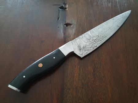 Damast-Kochmesser, Micarta-Griff schwarz, Klinge Damaszener Stahl, rund 150 Lagen, charakteristische, rustikale Schmiedeoberfl�che, Gesamtl�nge 310 mm, Klingenl�nge 185 mm, Klingenst�rke 3mm