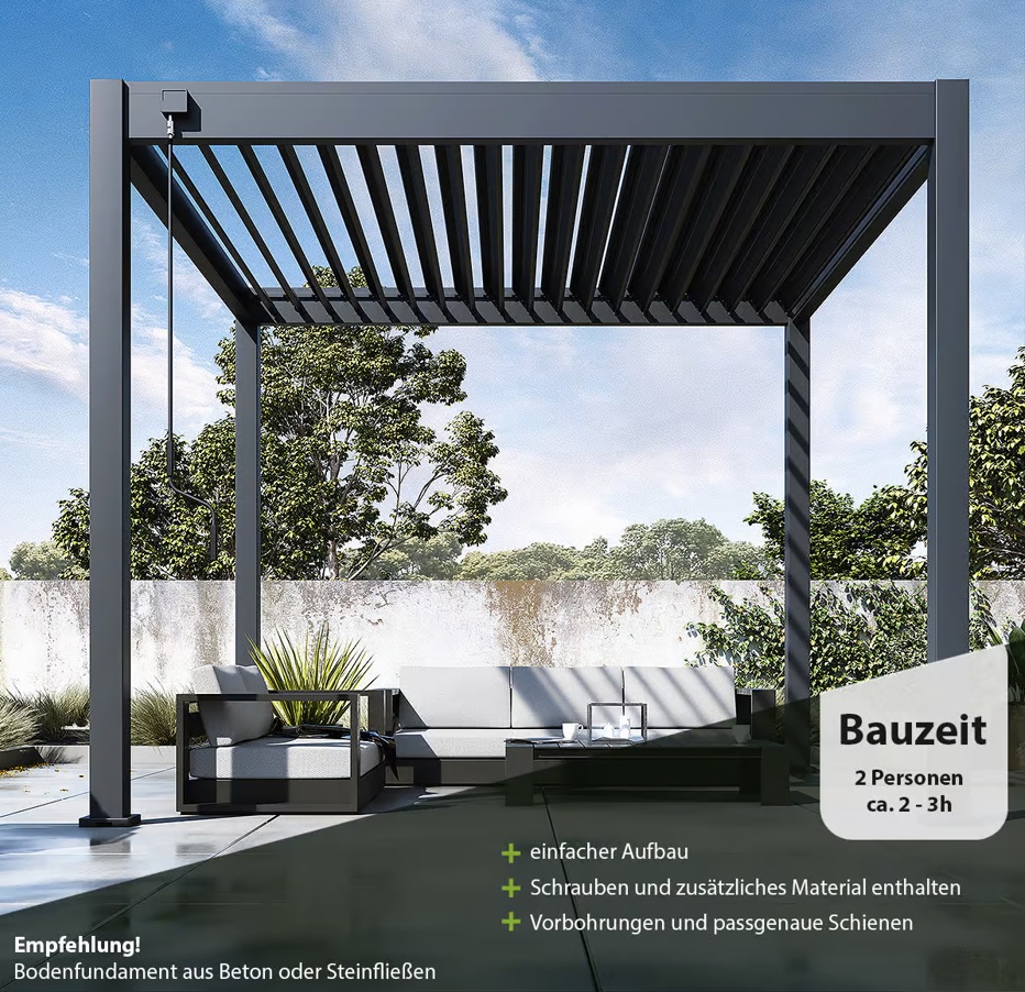 Pergola - Terassen&uuml;berdachung, ca. 3x3m, H&ouml;he: ca.2,5m , Konstruktion aus pulverbeschichtetem Aluminium in Anthrazit &auml;hnlich RAL7016