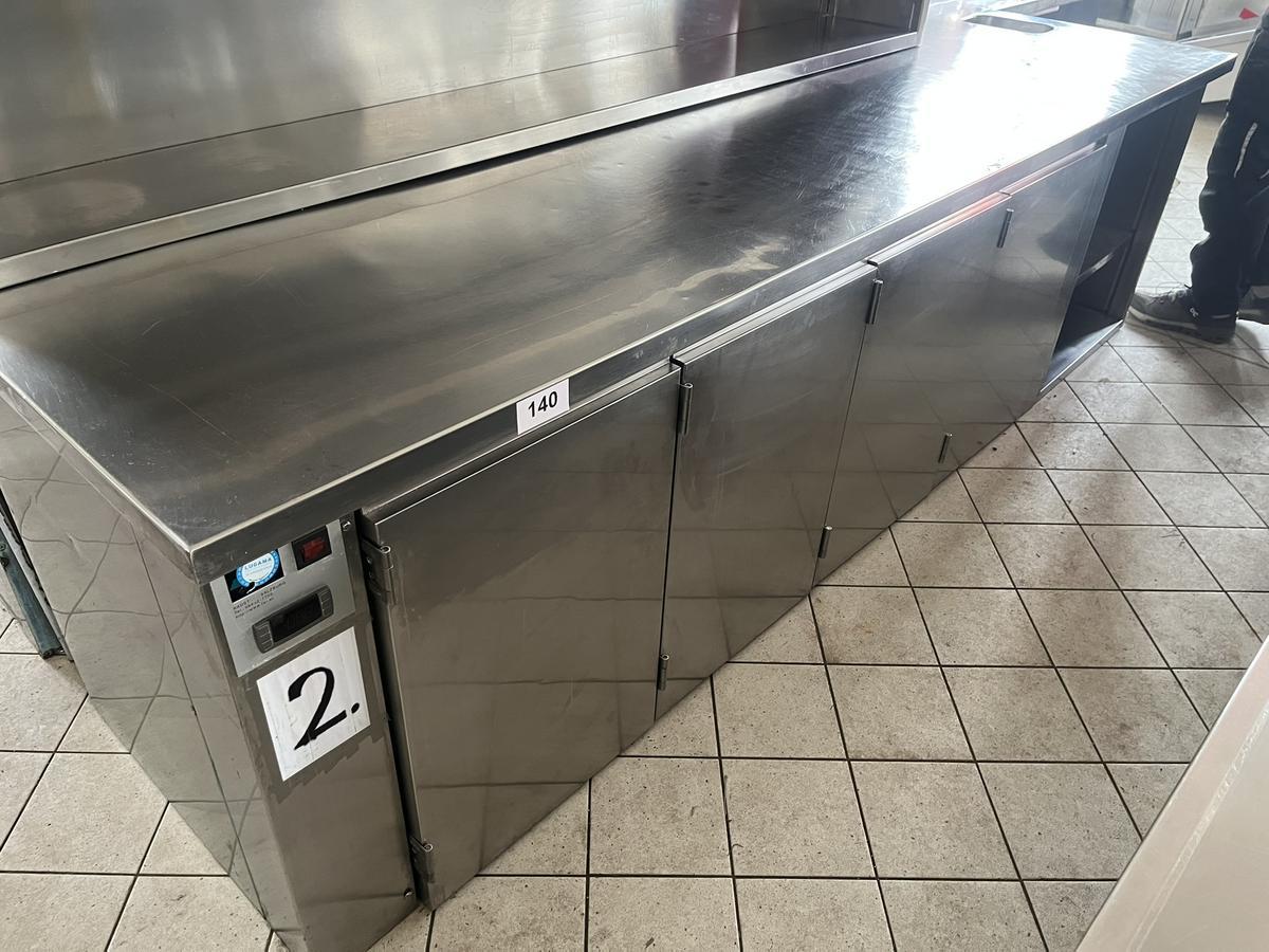 Edelstahl K&uuml;chenmodul, 350x76x80cm, mit K&uuml;hlung - extern, 4 Fl&uuml;gelt&uuml;ren