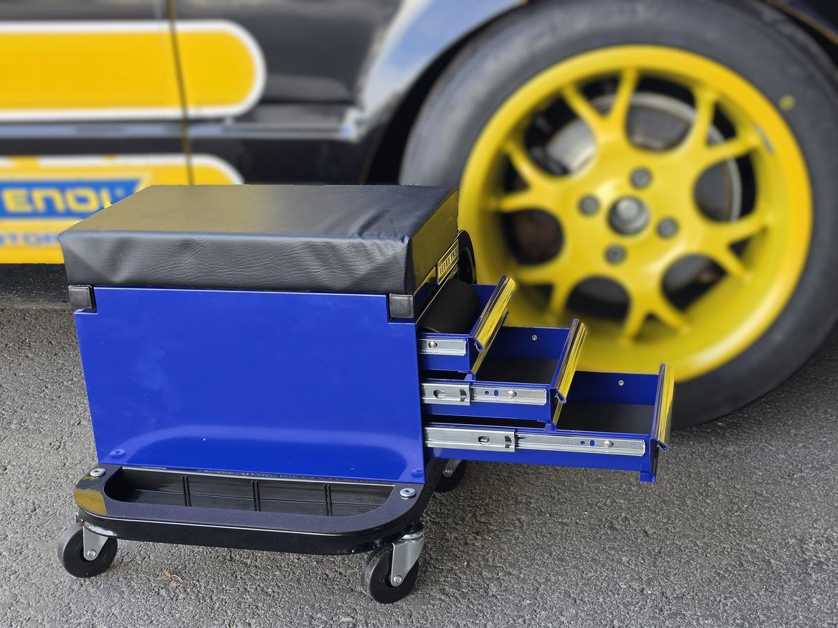 Werkstatthocker mit Laden und Rollen � Blau/Schwarz