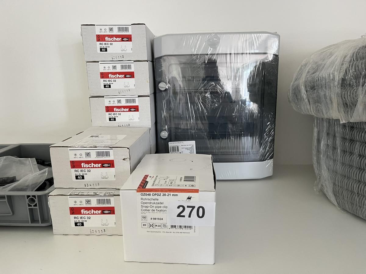 Elektromaterial :Gro&szlig;posten Fischer Rohrschellen mit Aufputzverteiler 2reihig und Stecker PV, Z&auml;hleranschlussklemmen, Panzerkunststoffrohr, 0-Leiter-Durchf&uuml;hrung