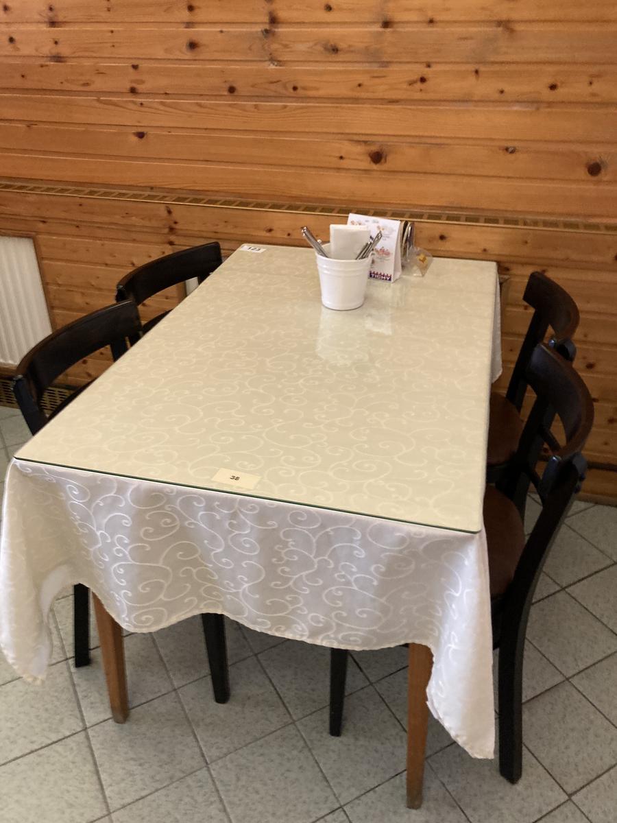 Gastrotisch ca. 70 x 110 cm, mit hellem Gestell inkl. 4 Gastrost&uuml;hle (teilweise stark gebraucht)